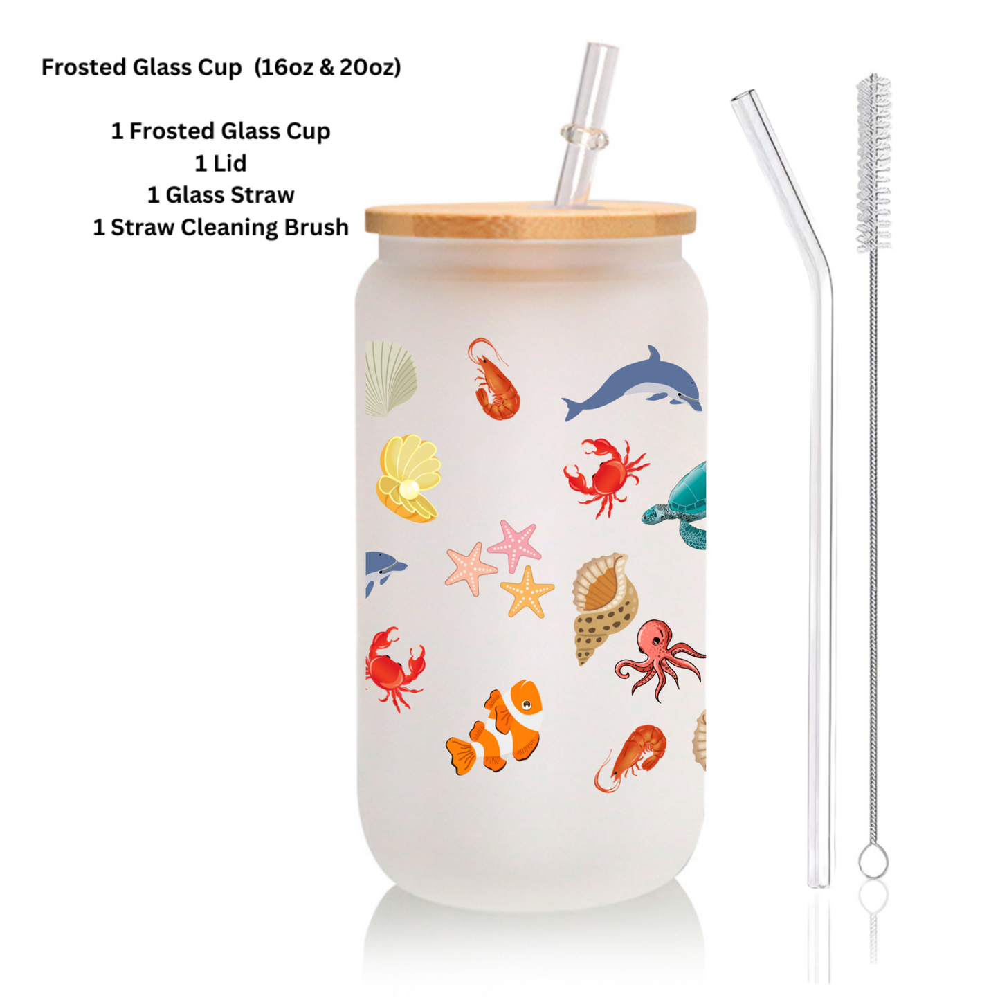 Ocean Animals Glass Cup โ Turtle, Crab, Shrimp โ Frosted 16oz/20oz with Lid & Straw