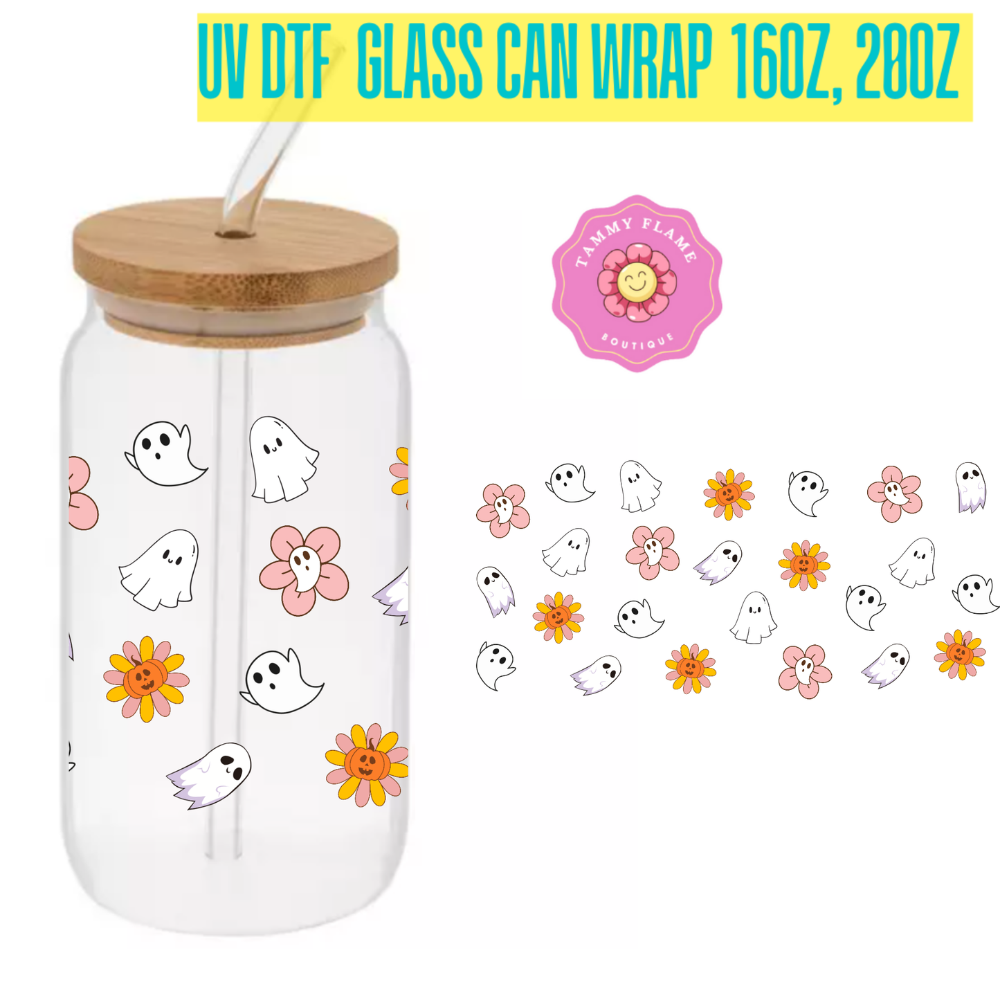 Cute Ghost & Flower Glass Tumbler โ 16oz/20oz with Bamboo Lid & Glass Straw โ Halloween & Autumn Vibes