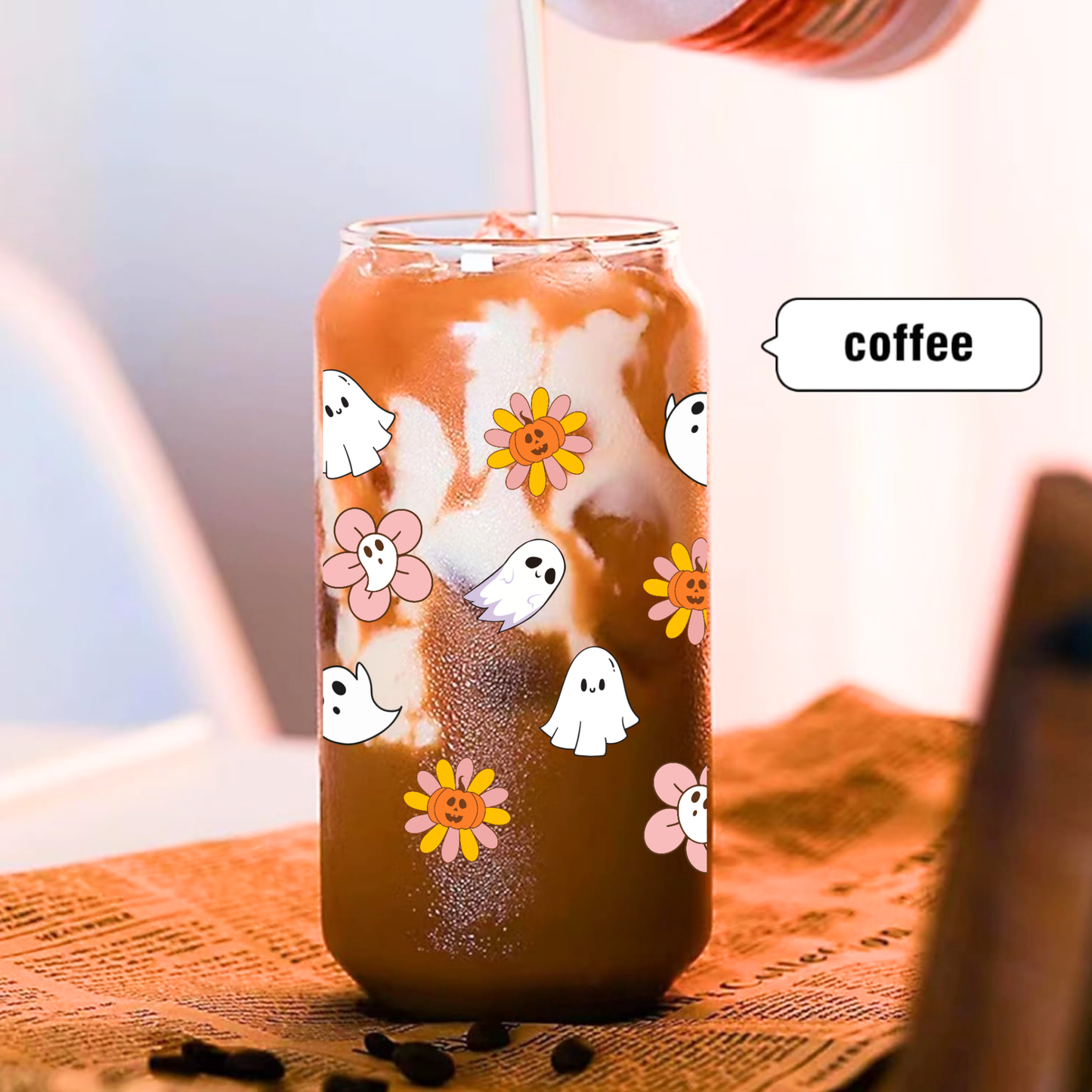 Cute Ghost & Flower Glass Tumbler โ 16oz/20oz with Bamboo Lid & Glass Straw โ Halloween & Autumn Vibes