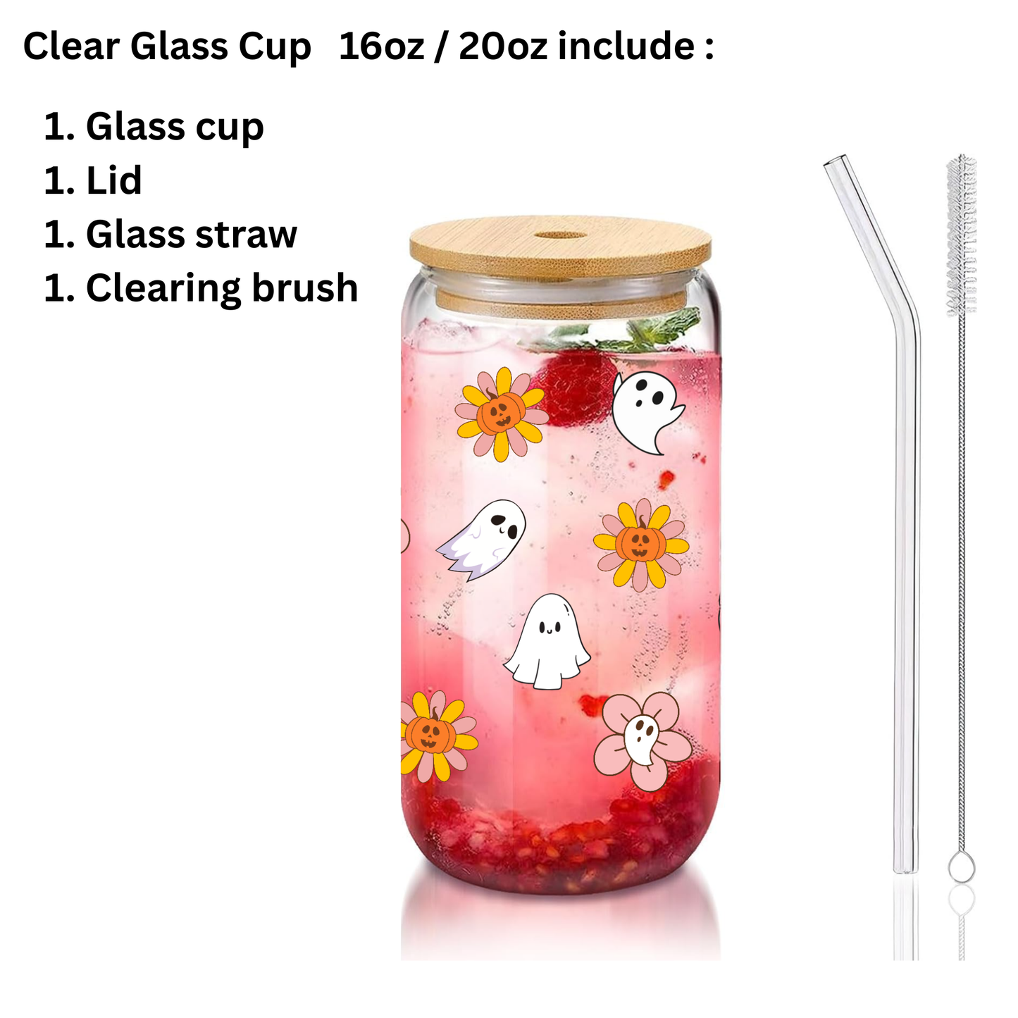 Cute Ghost & Flower Glass Tumbler โ 16oz/20oz with Bamboo Lid & Glass Straw โ Halloween & Autumn Vibes