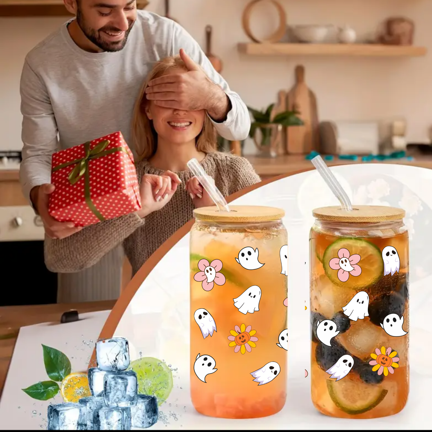 Cute Ghost & Flower Glass Tumbler โ 16oz/20oz with Bamboo Lid & Glass Straw โ Halloween & Autumn Vibes