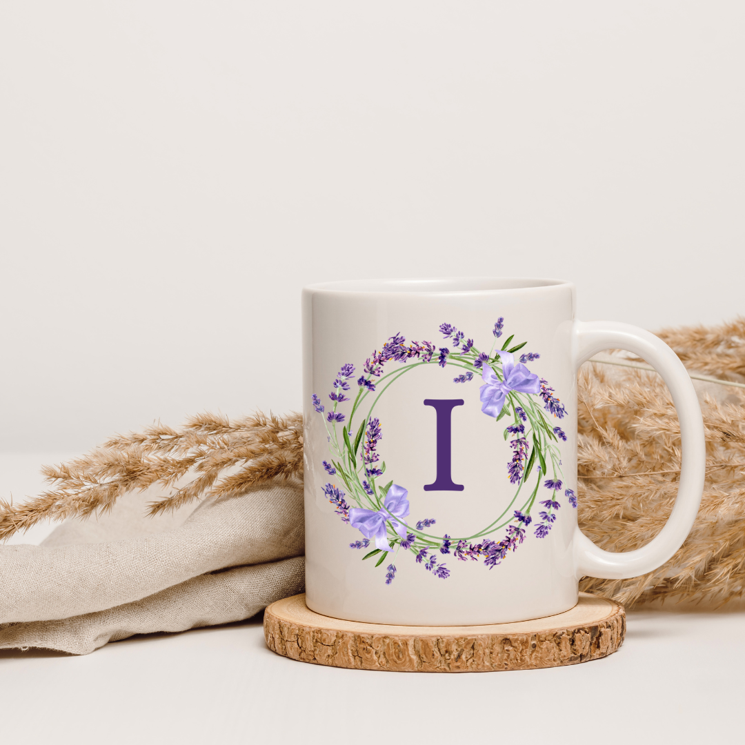 Floral Alphabet Letter A-Z Lavender Wreath Design,Personalized 12oz Ceramic Mug