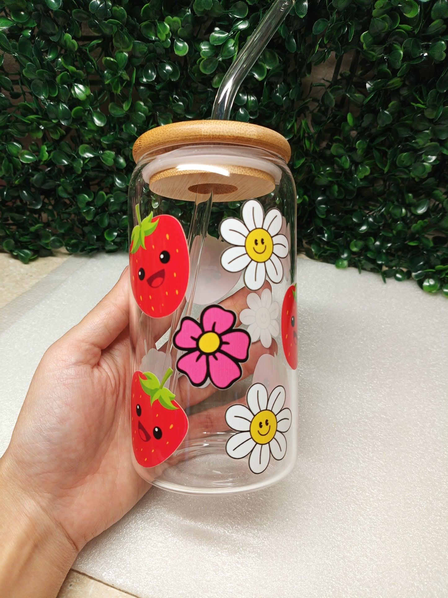 Strawberry Bloom Glass cup Personalized Glass Cup 16oz & 20oz Tea, Coffee, Smoothie Glass, Perfect for Home, Office, Party, Birthday