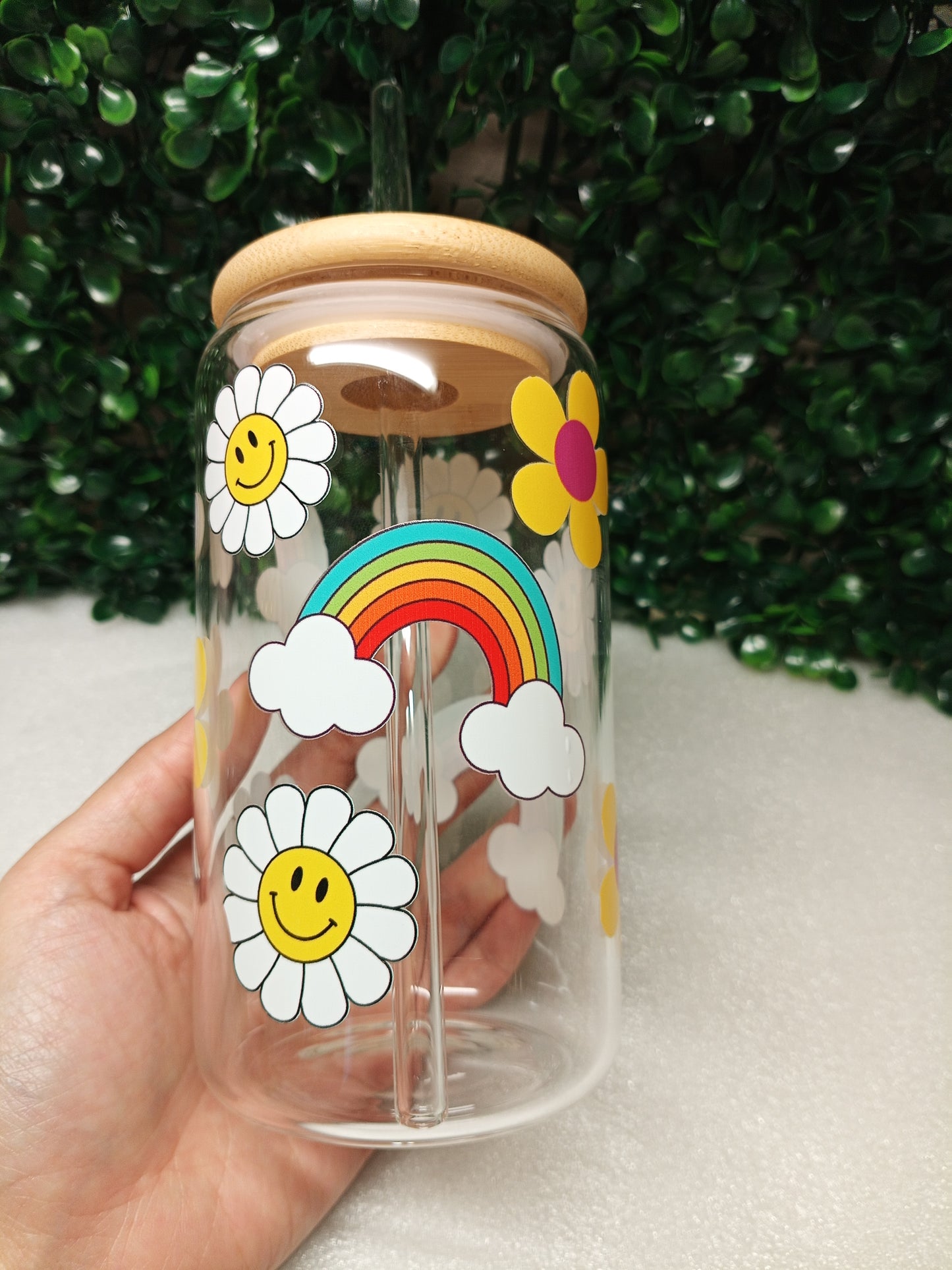 Rainbow Garden Iced Coffee Glass cup with lid and Straw Personalized gift for Valentine's Day, Mother's Day, Birthday, 16oz, 20oz Glass Cup