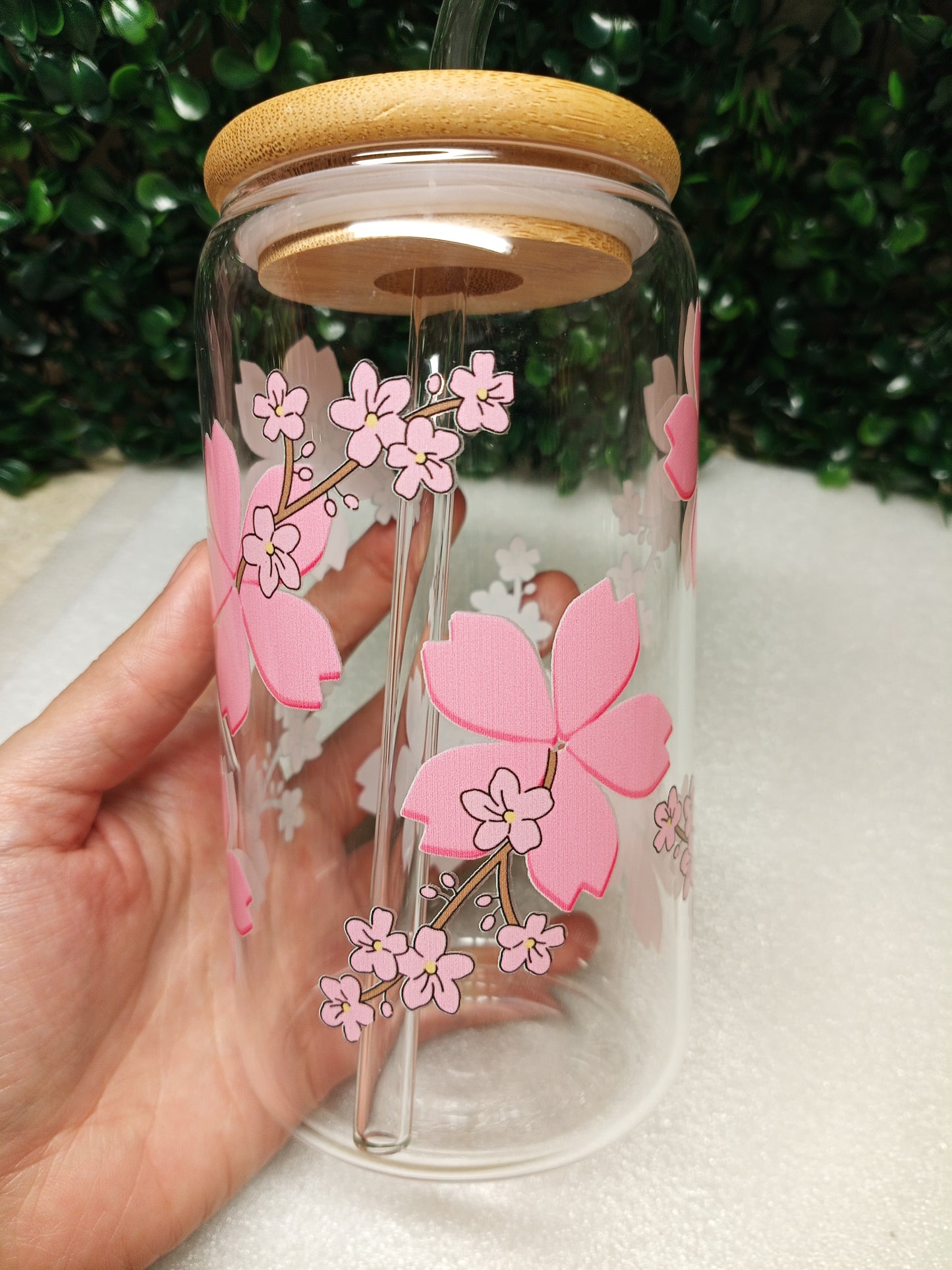 Blooming Sakura Iced Coffee Glass cup with lid and Straw 16oz,20oz. Personalized gift for Valentine's Day, Mother's Day, Birthday