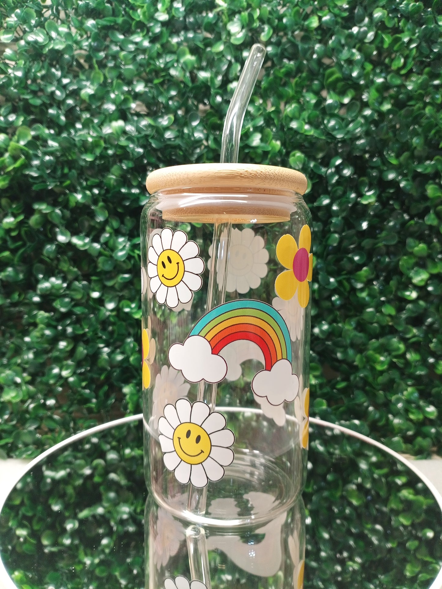 Rainbow Garden Iced Coffee Glass cup with lid and Straw Personalized gift for Valentine's Day, Mother's Day, Birthday, 16oz, 20oz Glass Cup