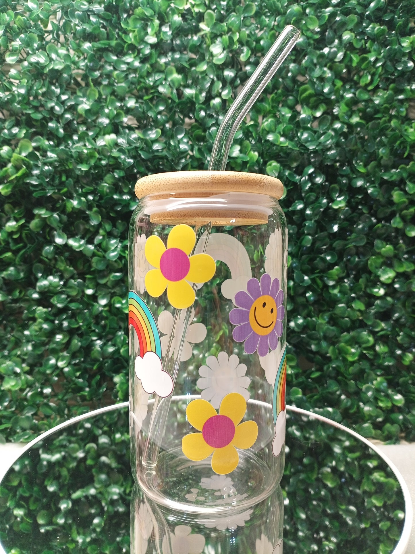 Rainbow Garden Iced Coffee Glass cup with lid and Straw Personalized gift for Valentine's Day, Mother's Day, Birthday, 16oz, 20oz Glass Cup