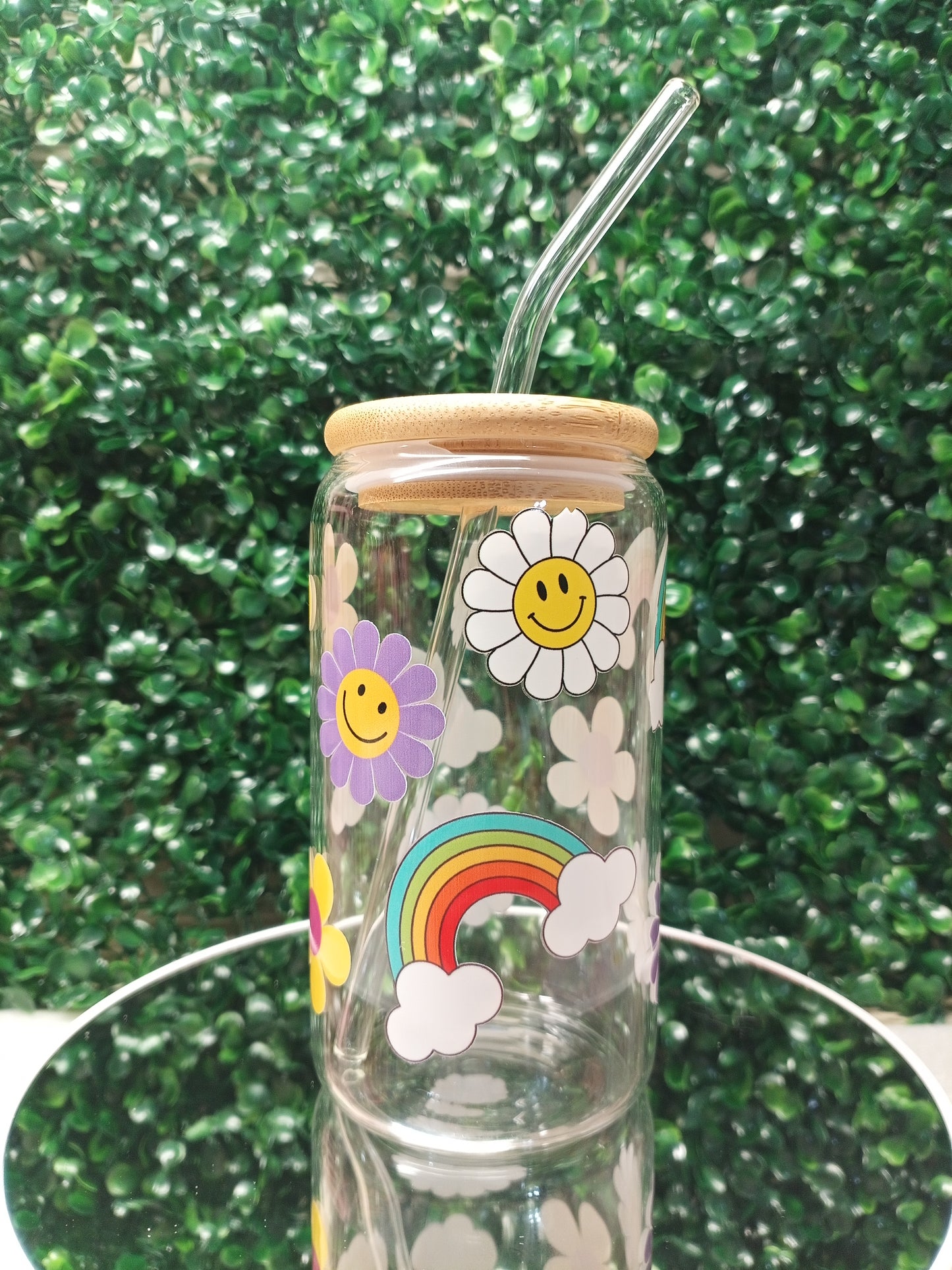 Rainbow Garden Iced Coffee Glass cup with lid and Straw Personalized gift for Valentine's Day, Mother's Day, Birthday, 16oz, 20oz Glass Cup