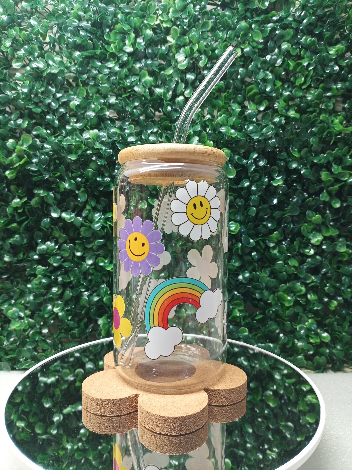 Rainbow Garden Iced Coffee Glass cup with lid and Straw Personalized gift for Valentine's Day, Mother's Day, Birthday, 16oz, 20oz Glass Cup