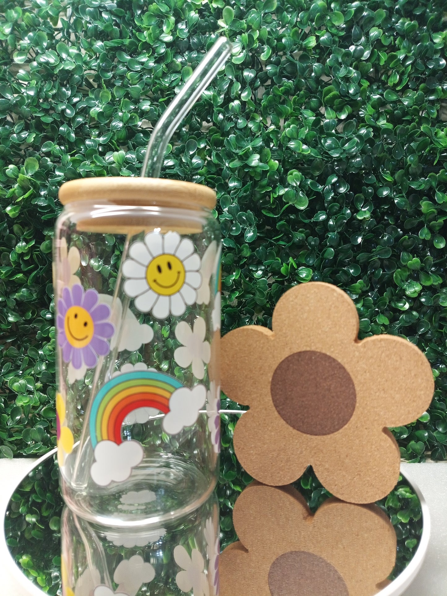 Rainbow Garden Iced Coffee Glass cup with lid and Straw Personalized gift for Valentine's Day, Mother's Day, Birthday, 16oz, 20oz Glass Cup