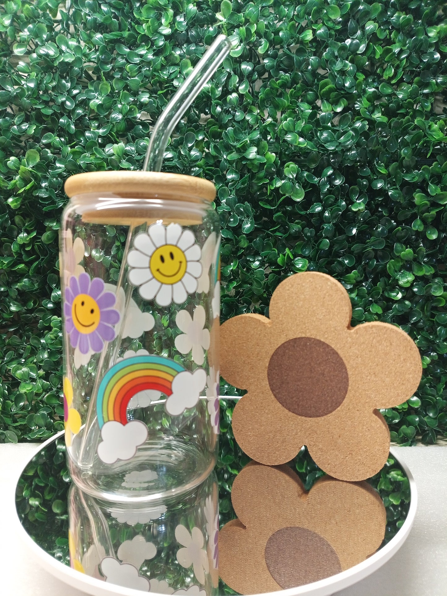 Rainbow Garden Iced Coffee Glass cup with lid and Straw Personalized gift for Valentine's Day, Mother's Day, Birthday, 16oz, 20oz Glass Cup