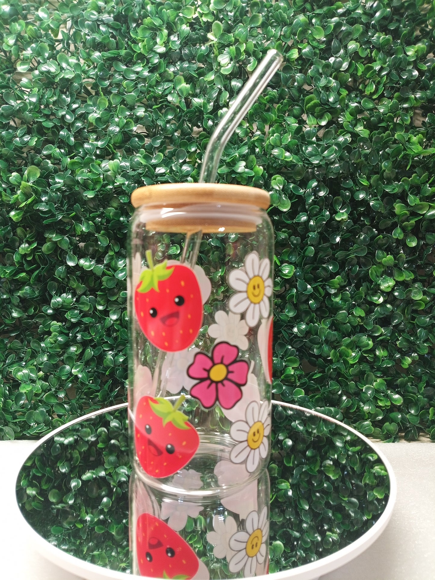 Strawberry Bloom Glass cup Personalized Glass Cup 16oz & 20oz Tea, Coffee, Smoothie Glass, Perfect for Home, Office, Party, Birthday