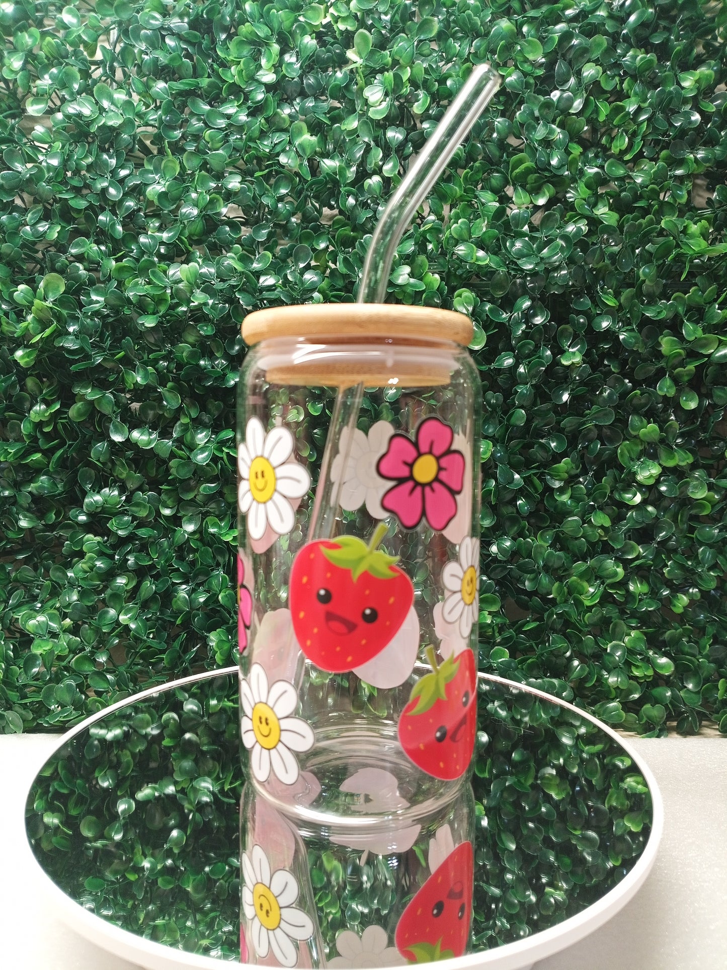 Strawberry Bloom Glass cup Personalized Glass Cup 16oz & 20oz Tea, Coffee, Smoothie Glass, Perfect for Home, Office, Party, Birthday