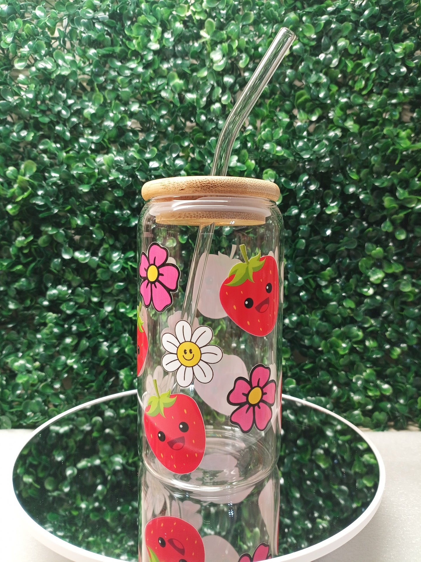 Strawberry Bloom Glass cup Personalized Glass Cup 16oz & 20oz Tea, Coffee, Smoothie Glass, Perfect for Home, Office, Party, Birthday