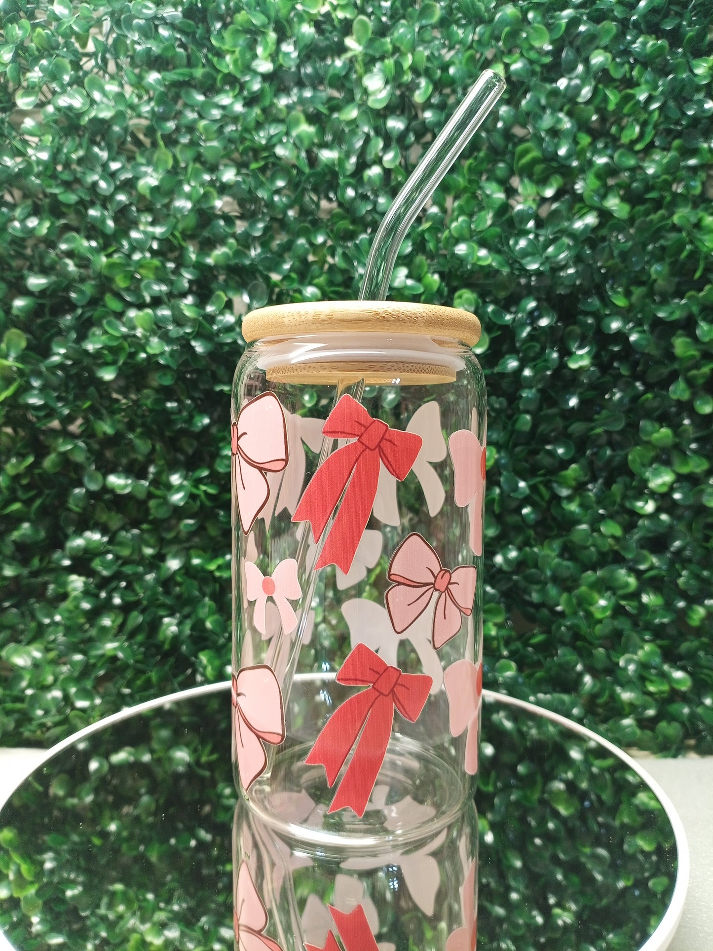 Bow with Love 16oz, 20oz Iced Coffee Glass cup with lid and Straw Personalized gift for Valentine's Day, Mother's Day, Birthday