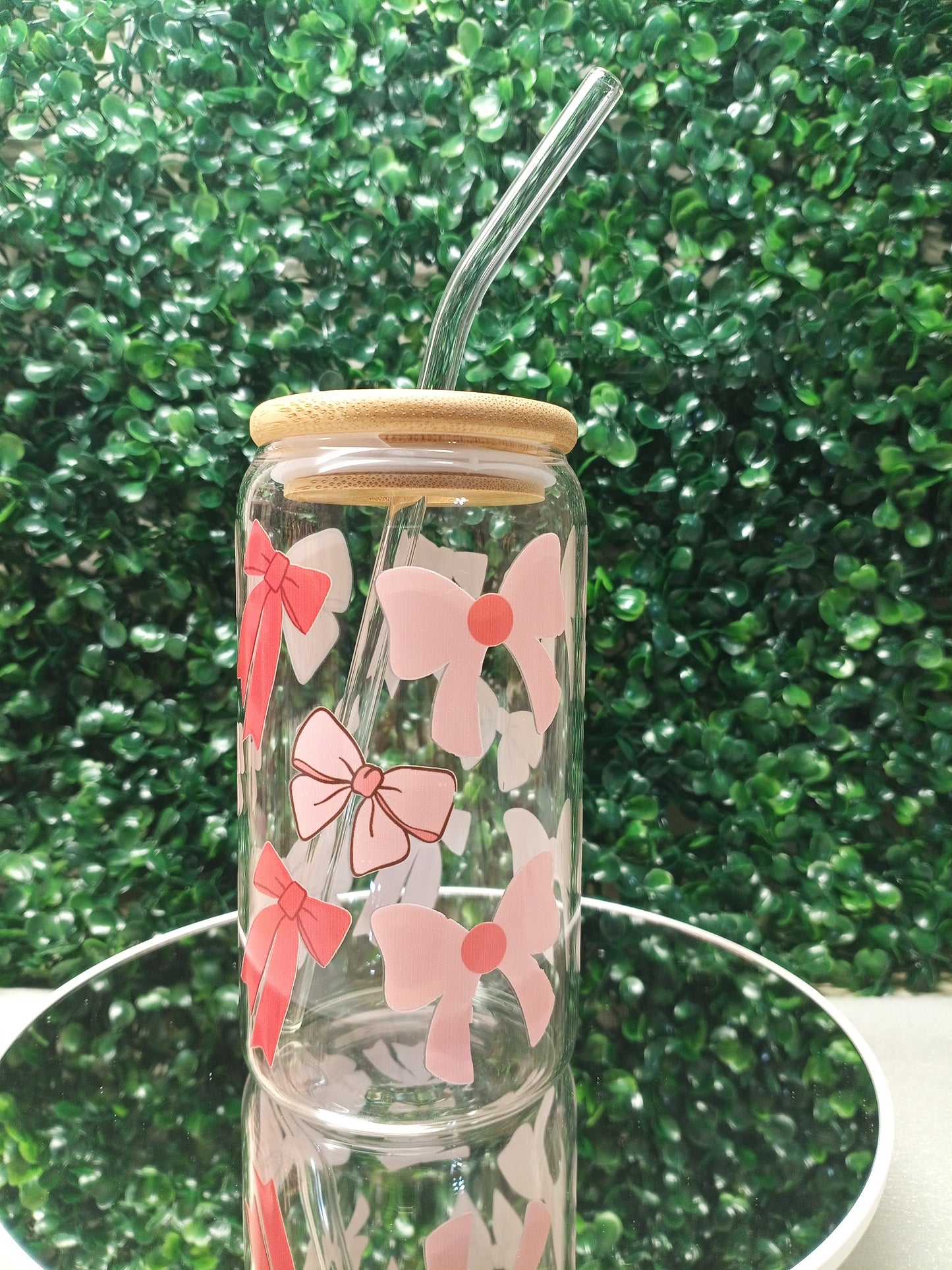 Bow with Love 16oz, 20oz Iced Coffee Glass cup with lid and Straw Personalized gift for Valentine's Day, Mother's Day, Birthday