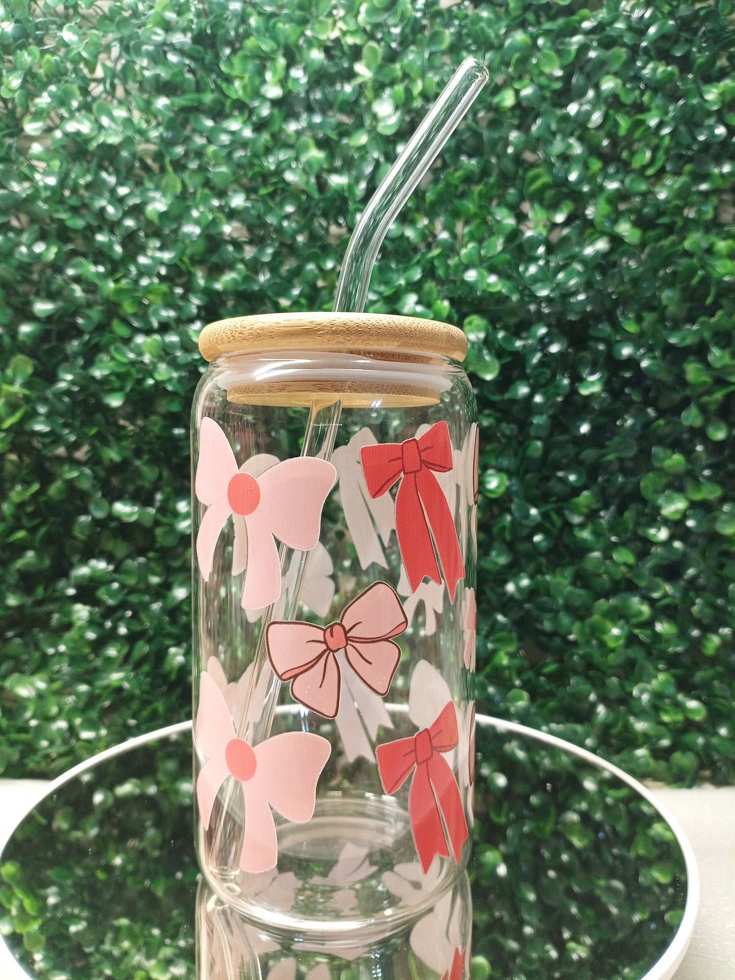Bow with Love 16oz, 20oz Iced Coffee Glass cup with lid and Straw Personalized gift for Valentine's Day, Mother's Day, Birthday