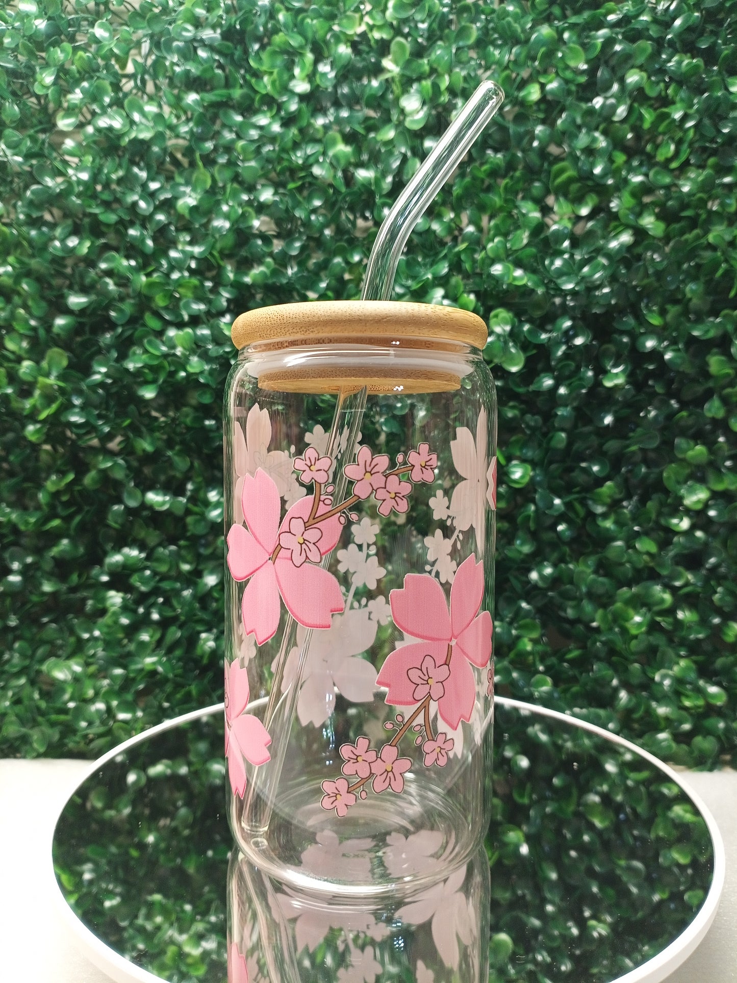 Blooming Sakura Iced Coffee Glass cup with lid and Straw 16oz,20oz. Personalized gift for Valentine's Day, Mother's Day, Birthday