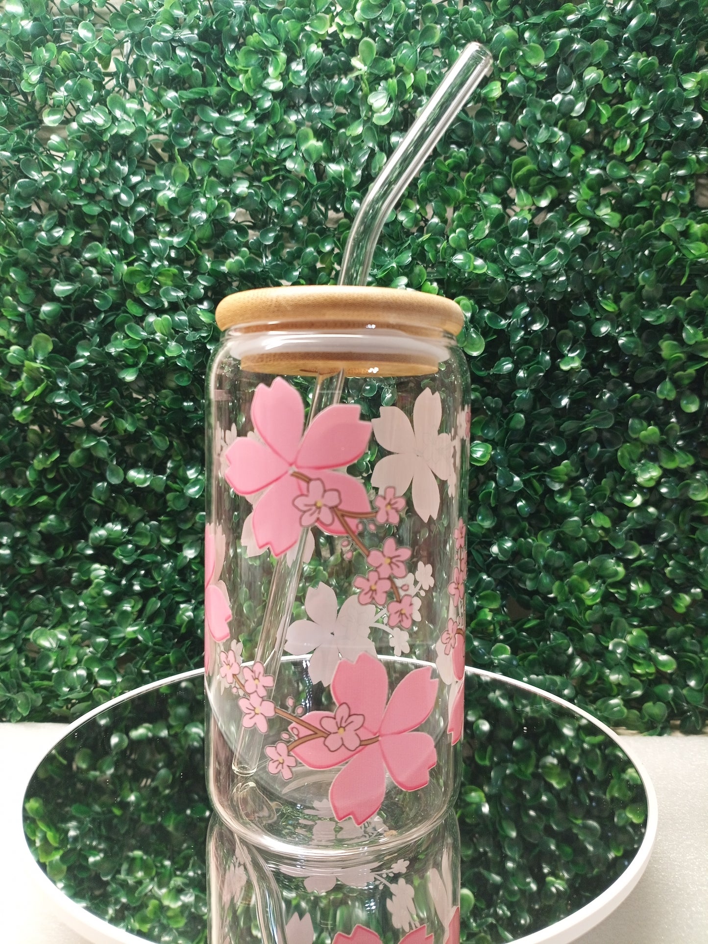 Blooming Sakura Iced Coffee Glass cup with lid and Straw 16oz,20oz. Personalized gift for Valentine's Day, Mother's Day, Birthday