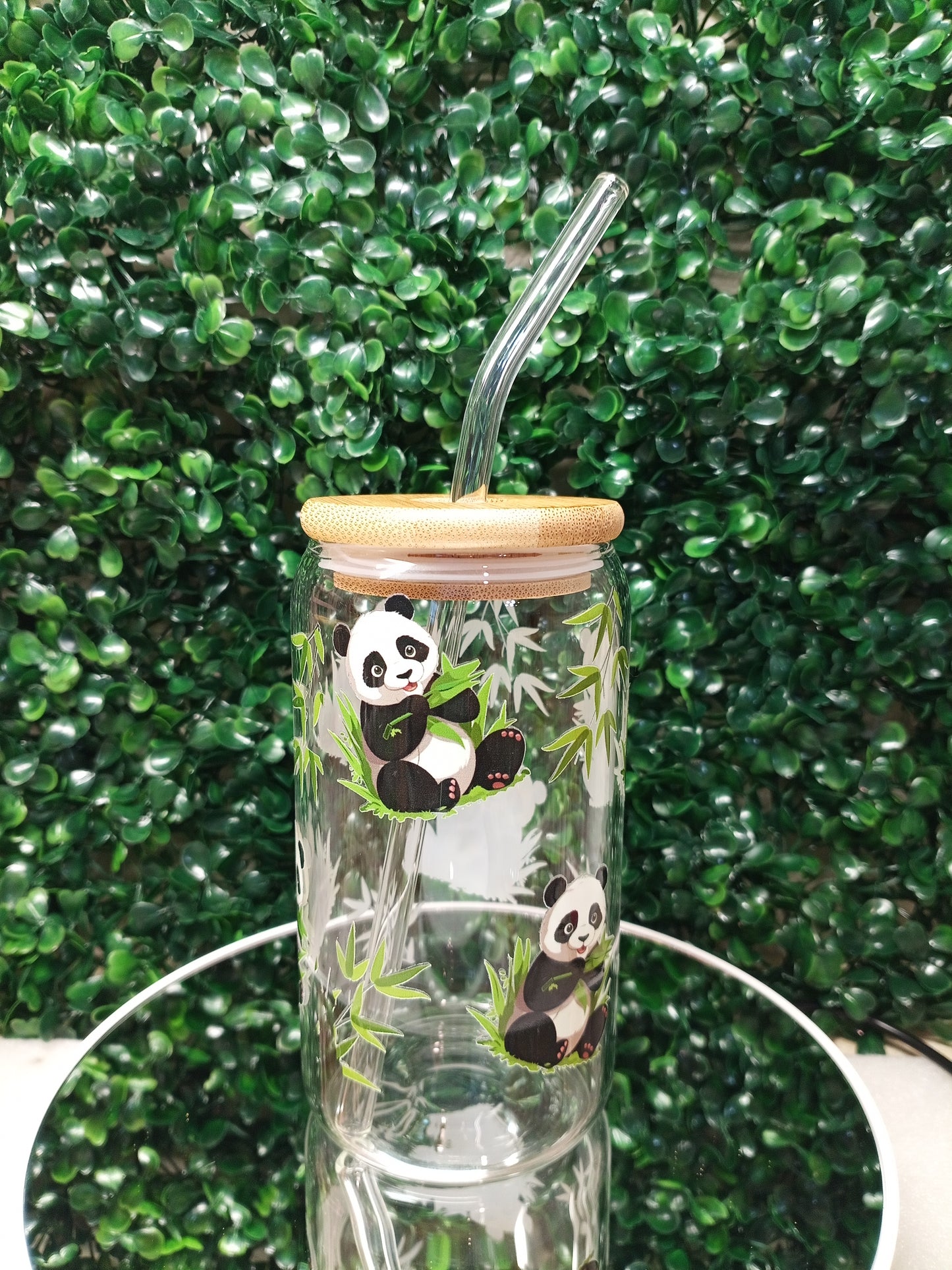Panda with leaves glass cup, cartoon cup, Iced Coffee Glass cup with lid and Straw Personalized gift for Birthday,for kid 16oz, 20oz