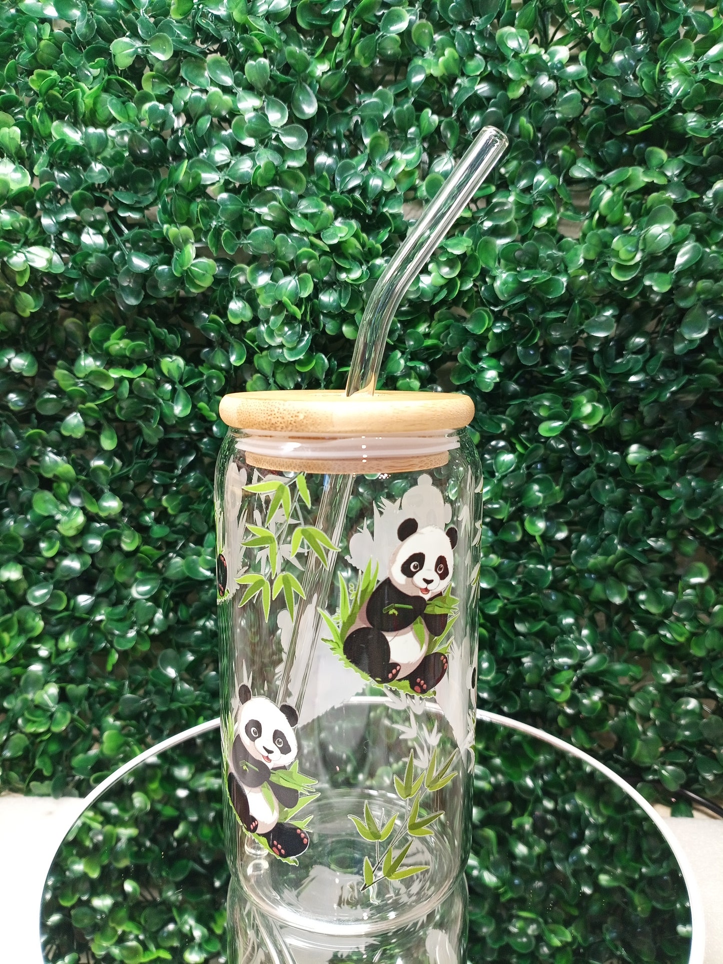 Panda with leaves glass cup, cartoon cup, Iced Coffee Glass cup with lid and Straw Personalized gift for Birthday,for kid 16oz, 20oz