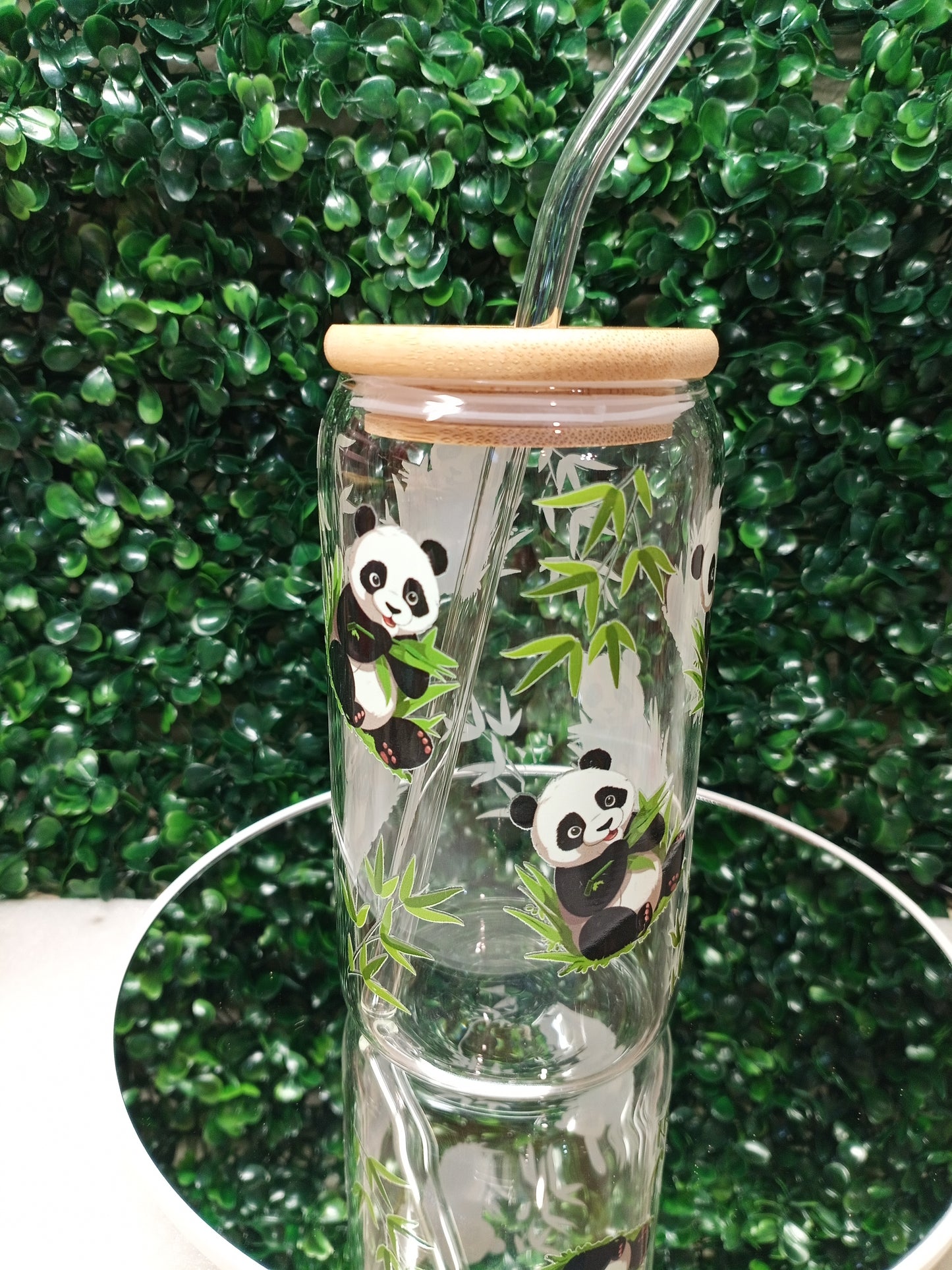 Panda with leaves glass cup, cartoon cup, Iced Coffee Glass cup with lid and Straw Personalized gift for Birthday,for kid 16oz, 20oz