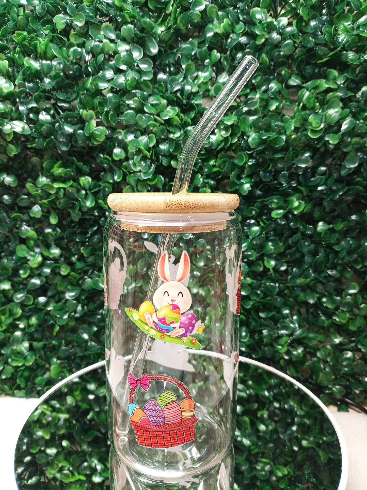 Bunny and Basket Joy glass cup, happy Easter cup, Personalized Glass Cup 16oz & 20oz Tea, Coffee, Smoothie Glass, Perfect for Home, Office