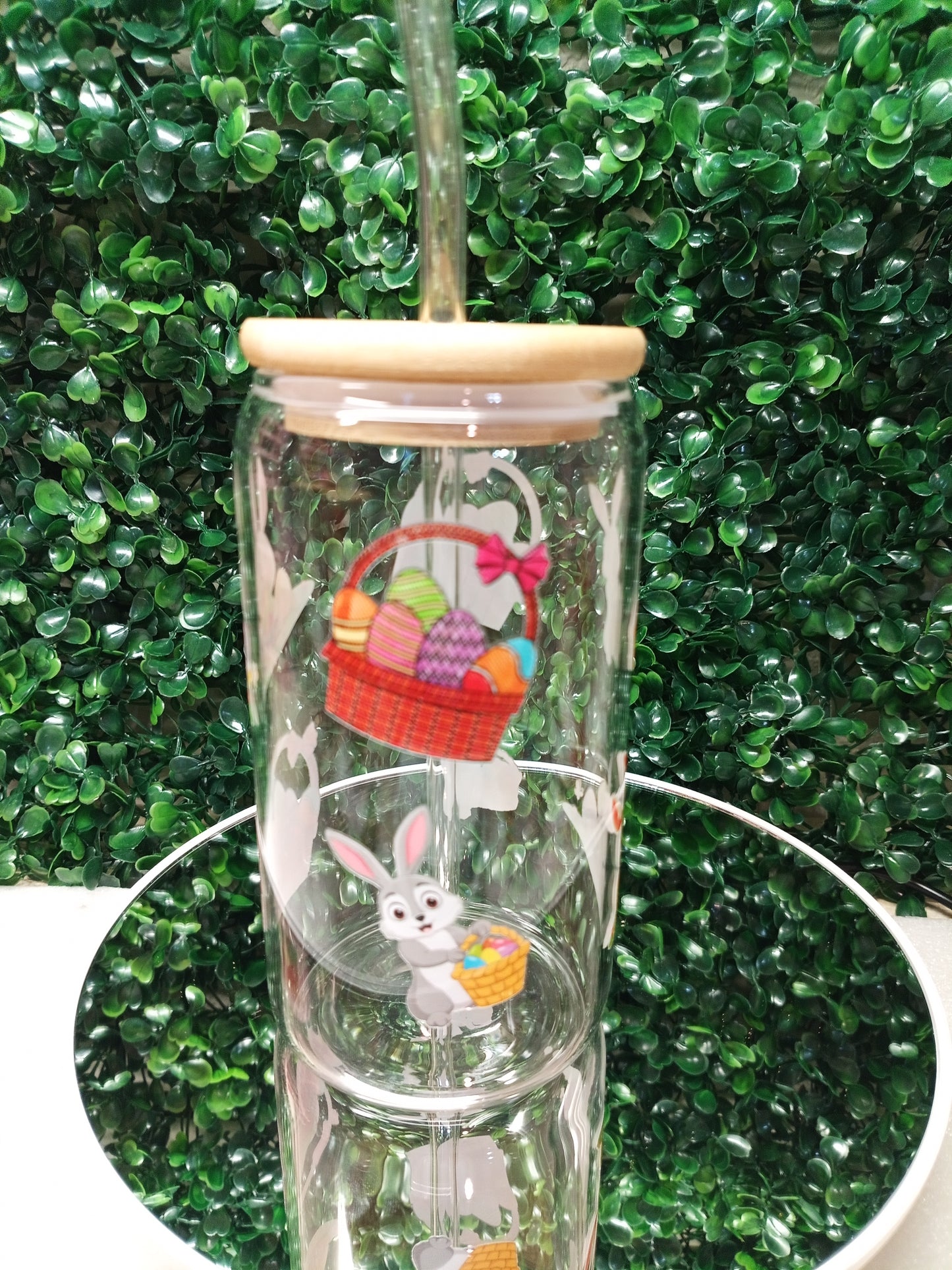 Bunny and Basket Joy glass cup, happy Easter cup, Personalized Glass Cup 16oz & 20oz Tea, Coffee, Smoothie Glass, Perfect for Home, Office