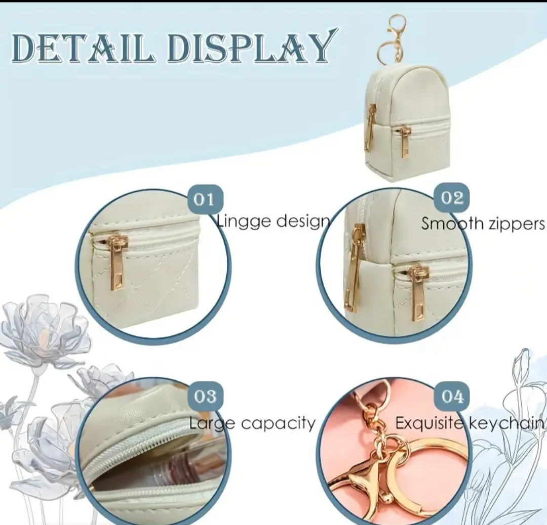 Mini Backpack Leather Keychain, Waterproof Zippered Pockets