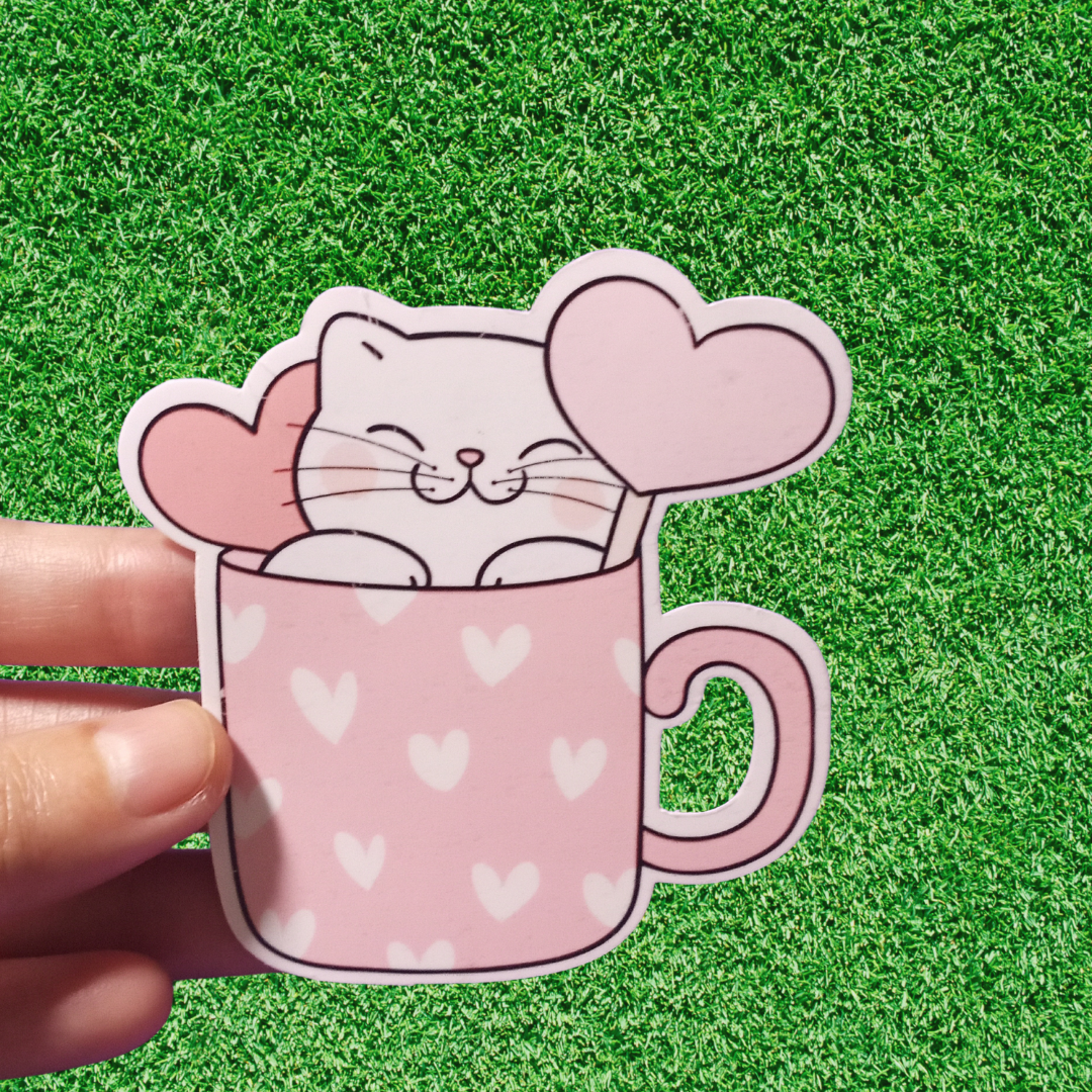 Cute Cat in Heart Waterproof Vinyl Sticker 3 Inch Durable Decal for Laptops, Water Bottles, Phones