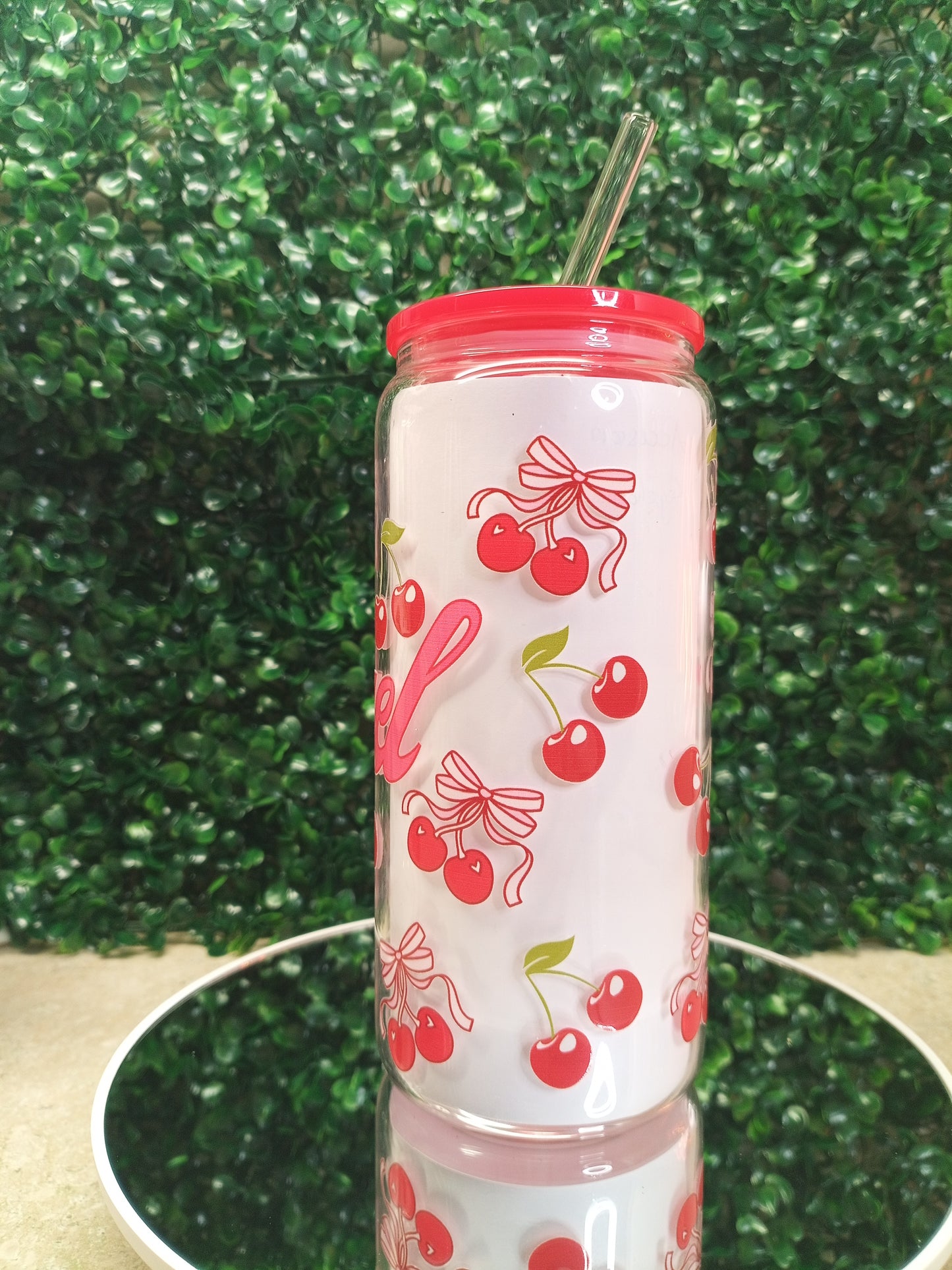Personalized Cherry Glass Can Cup 16oz & 20oz Custom Name with Lid, Straw & Coaster
