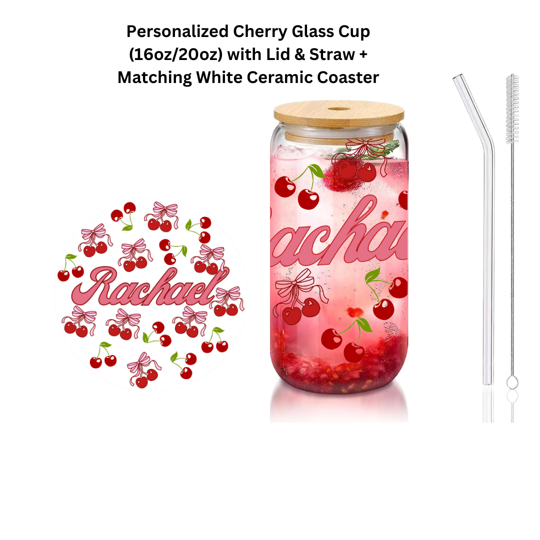 Personalized Cherry Glass Can Cup 16oz & 20oz Custom Name with Lid, Straw & Coaster