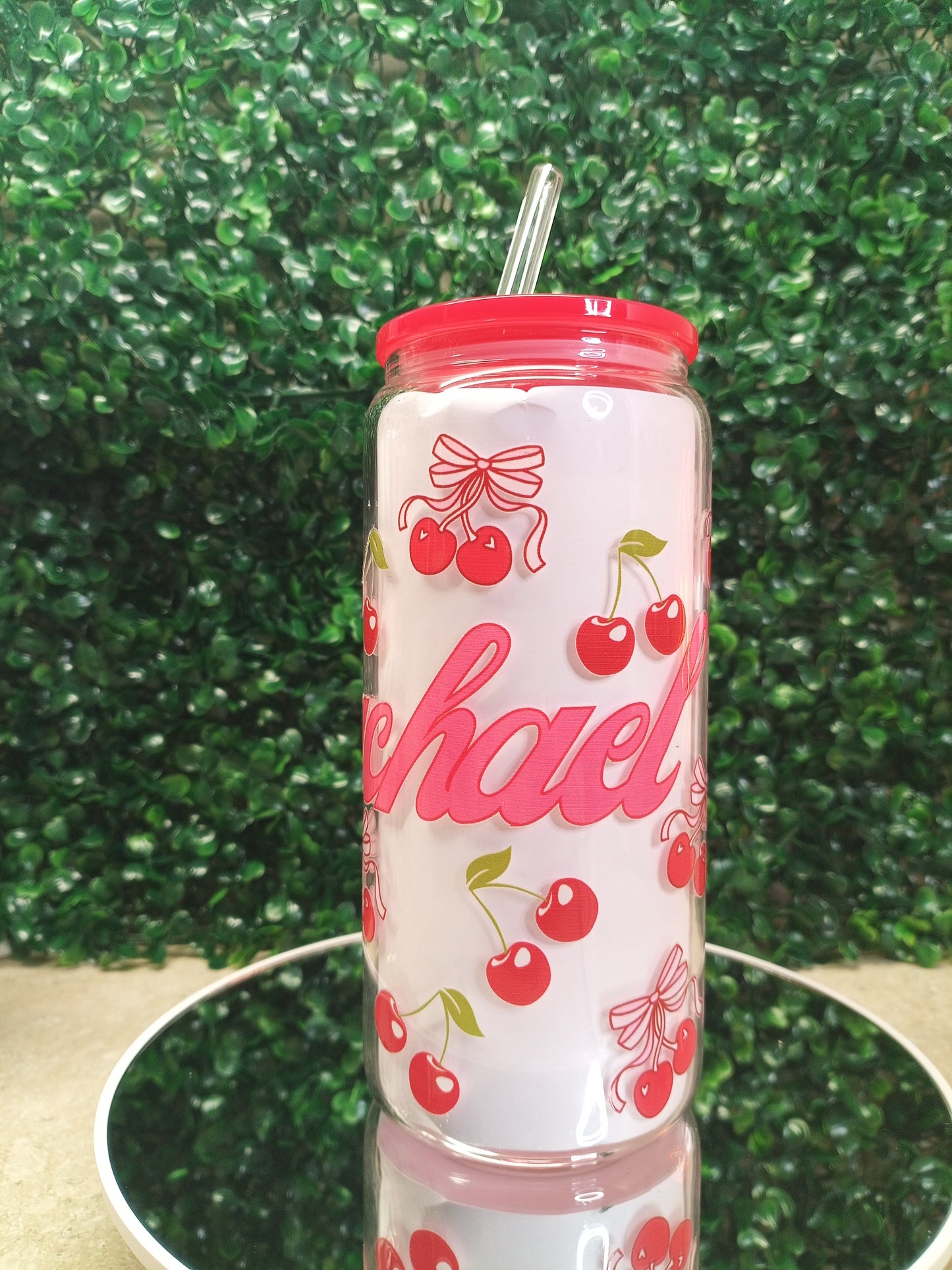 Personalized Cherry Glass Can Cup 16oz & 20oz Custom Name with Lid, Straw & Coaster