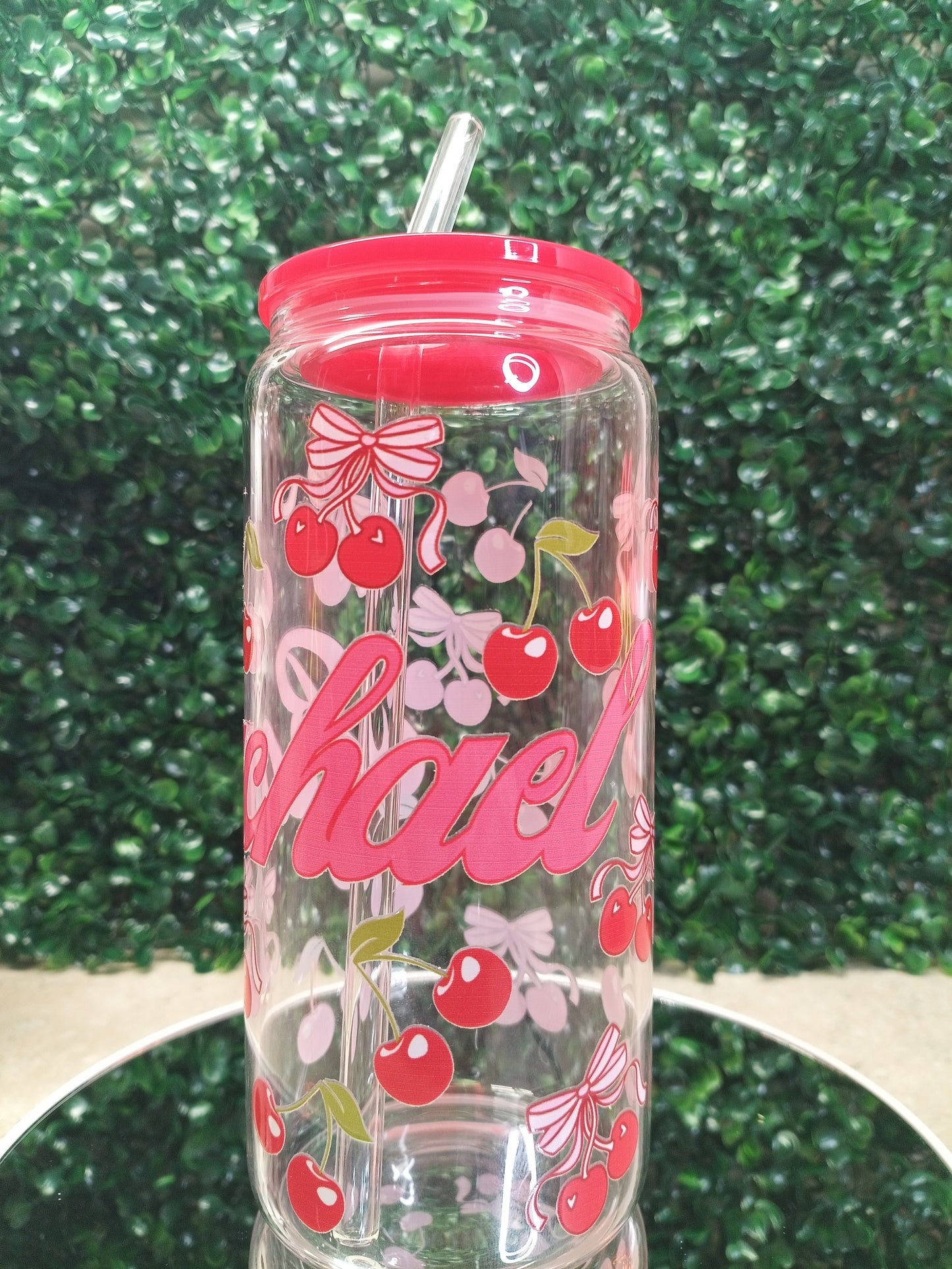 Personalized Cherry Glass Can Cup 16oz & 20oz Custom Name with Lid, Straw & Coaster