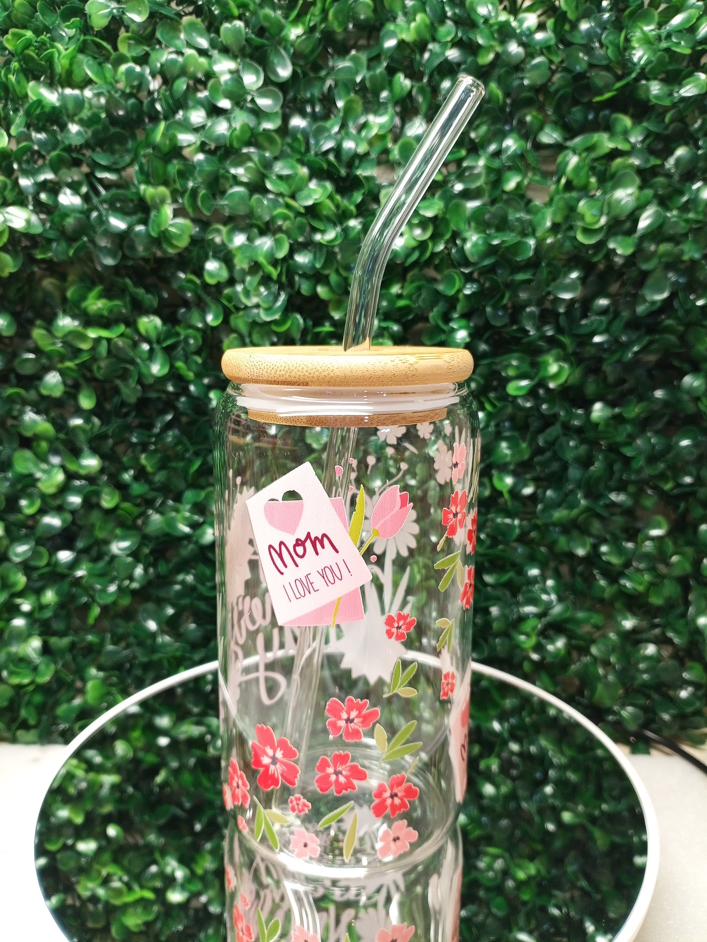 Happy Mother's day with Flowers Personalized Glass Cup 16oz & 20oz Gift For Mother's Day, Birthday,Tea, Coffee, Smoothie Glass cup