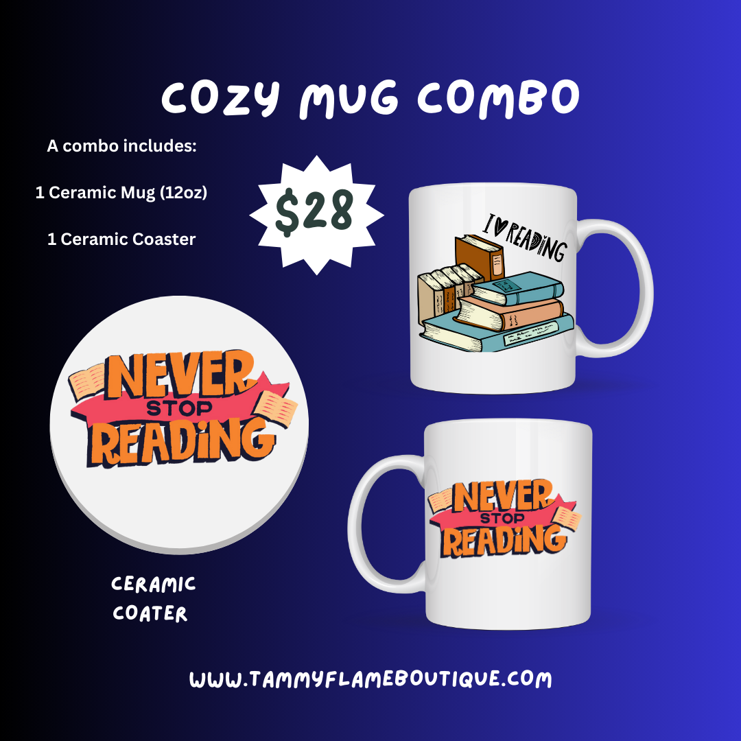 Cozy Mug Combo – UV DTF Printed Ceramic Mug & Coaster, Book Lover Gift ,Never Stop Reading Coffee Cup, Reading Mug Set, Teacher Gift