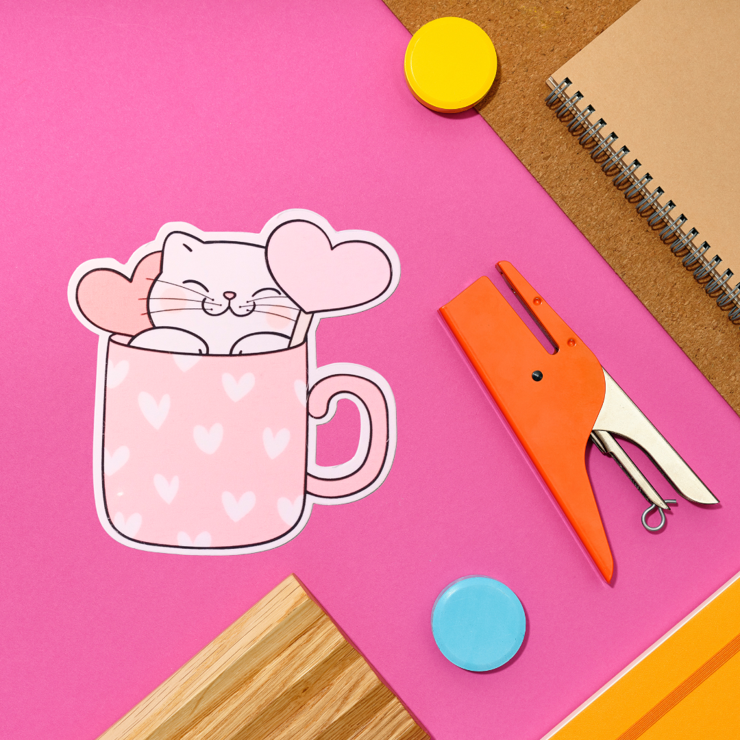 Cute Cat in Heart Waterproof Vinyl Sticker 3 Inch Durable Decal for Laptops, Water Bottles, Phones