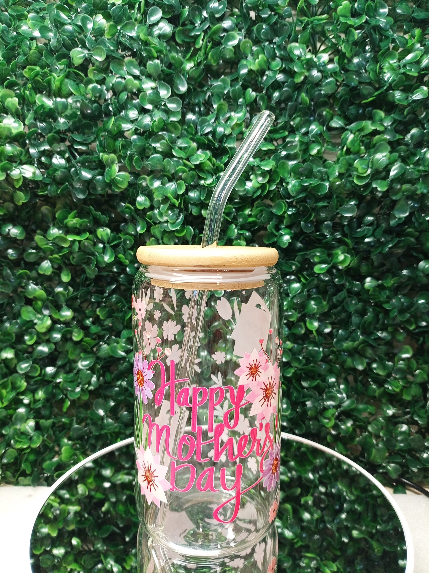 Happy Mother's day with Flowers Personalized Glass Cup 16oz & 20oz Gift For Mother's Day, Birthday,Tea, Coffee, Smoothie Glass cup