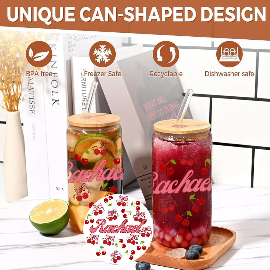 Personalized Cherry Glass Can Cup 16oz & 20oz Custom Name with Lid, Straw & Coaster