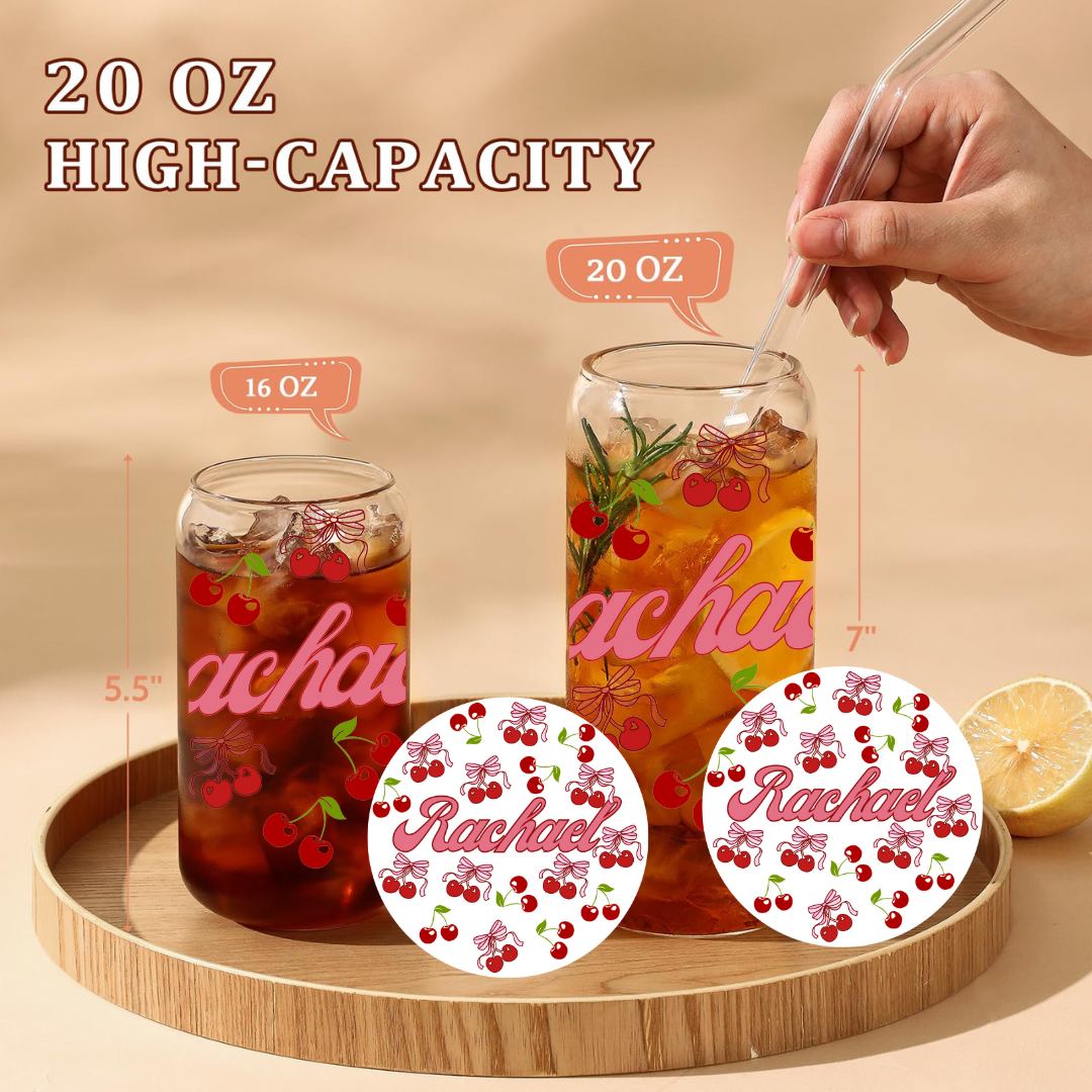 Personalized Cherry Glass Can Cup 16oz & 20oz Custom Name with Lid, Straw & Coaster