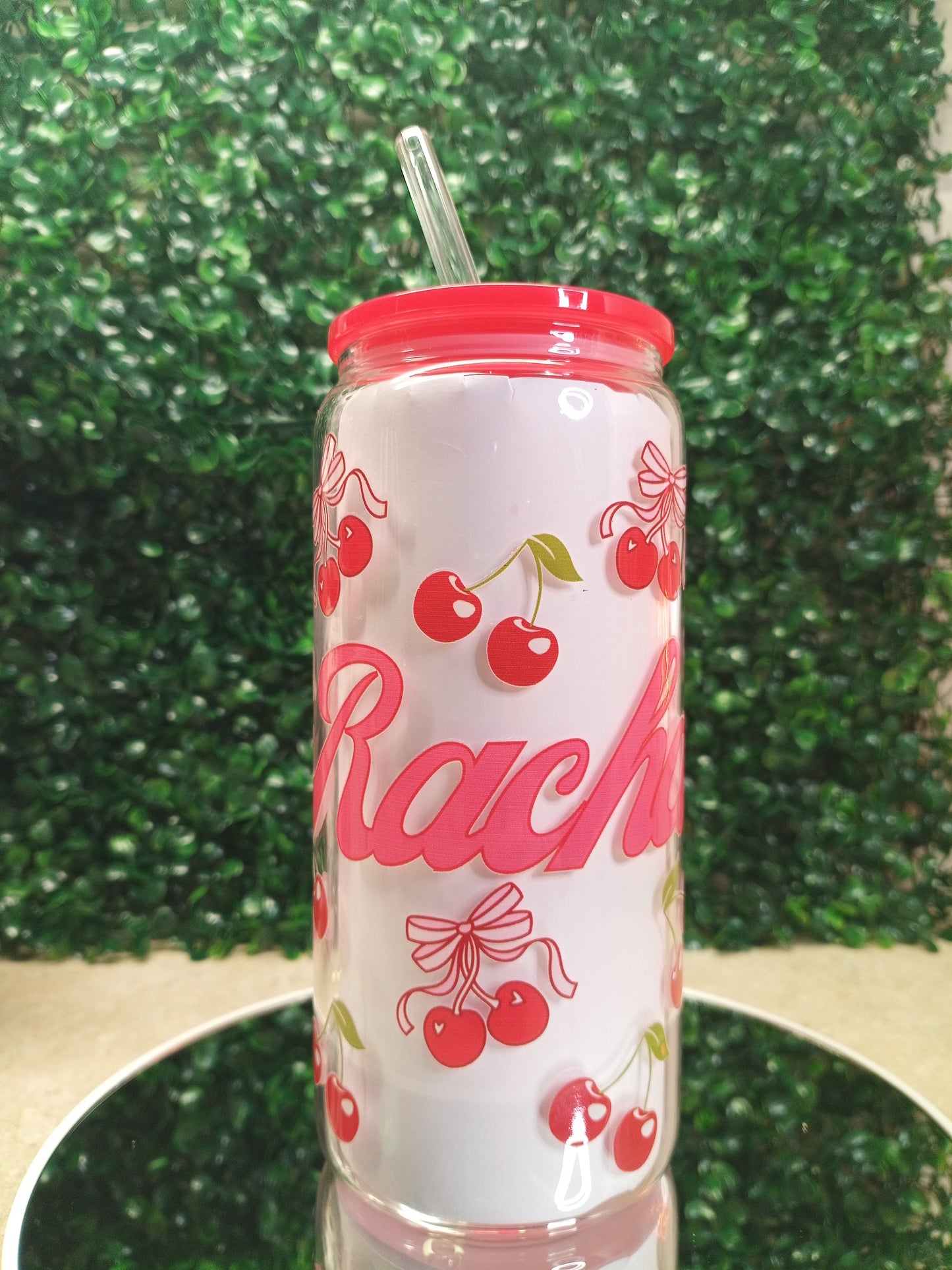 Personalized Cherry Glass Can Cup 16oz & 20oz Custom Name with Lid, Straw & Coaster