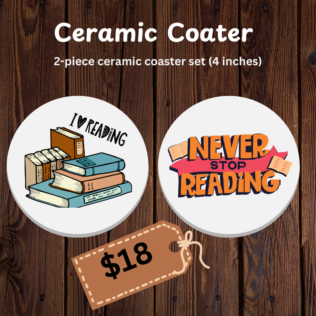 Set of 2 Ceramic Coaster Set Never Stop Reading & I Love Reading – Gift for Readers & Coffee Lovers