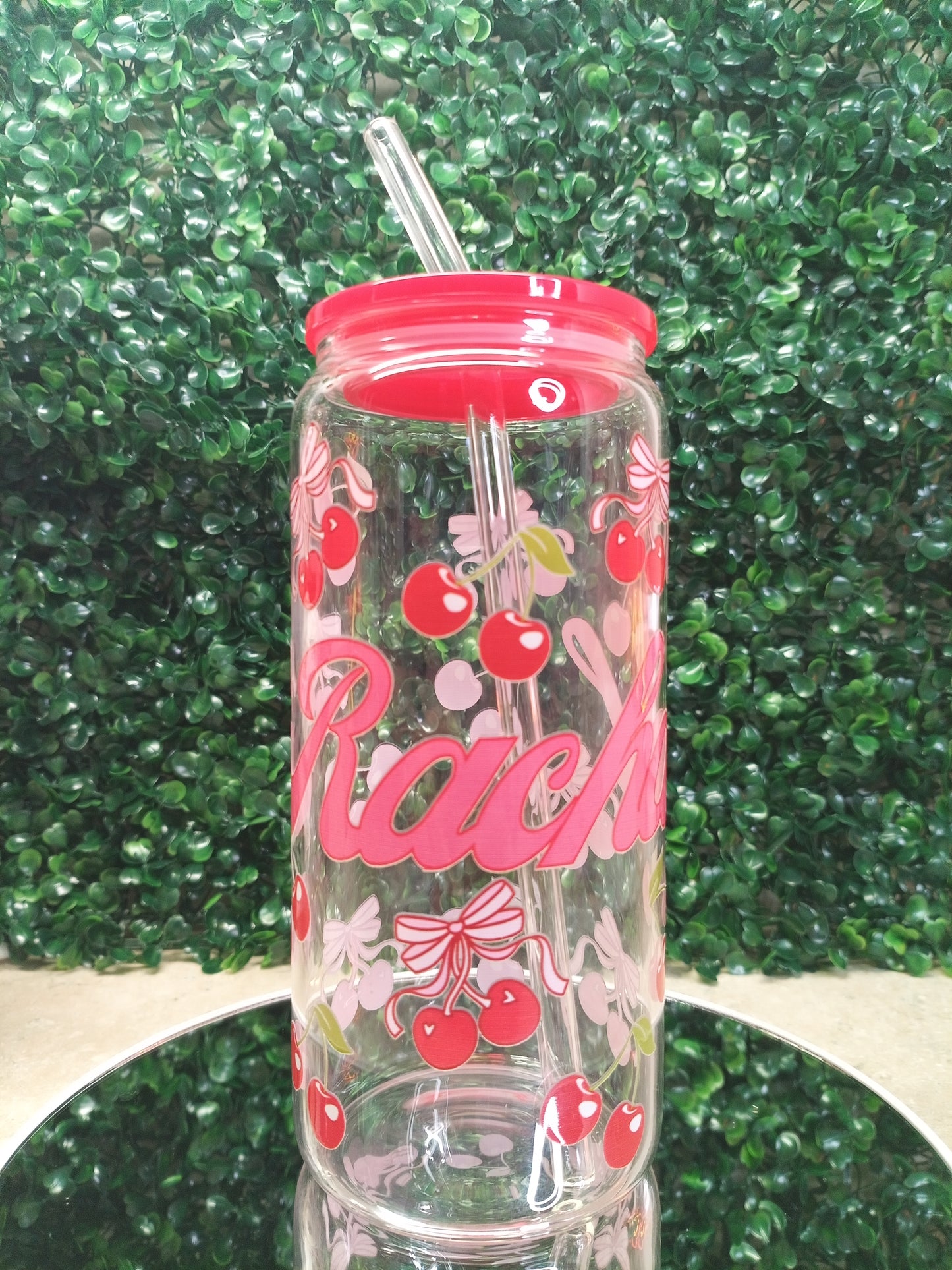 Personalized Cherry Glass Can Cup 16oz & 20oz Custom Name with Lid, Straw & Coaster