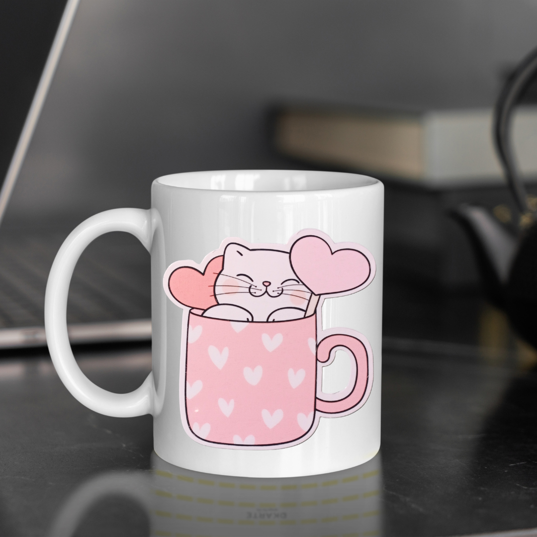 Cute Cat in Heart Waterproof Vinyl Sticker 3 Inch Durable Decal for Laptops, Water Bottles, Phones