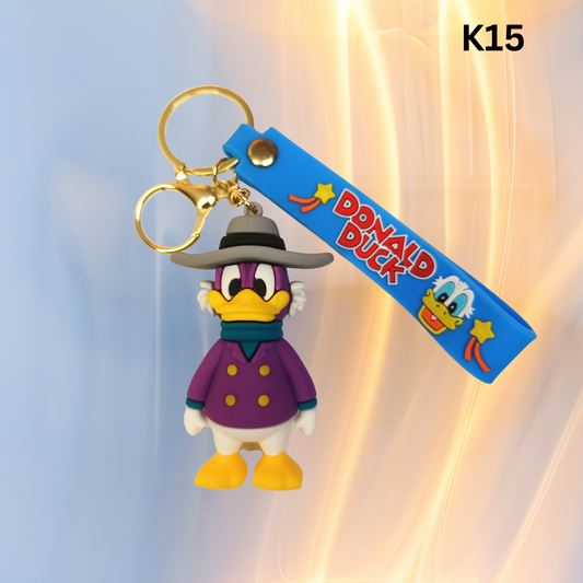 Cute Purple Duck Figure Keychain Grey Hat Blue Wrist Strap Silicone Key Ring
