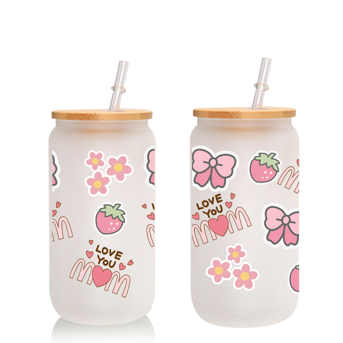 I LOVE YOU MOM Frosted Glass Cup – 16oz / 20oz – With Bamboo Lid & Glass Straw