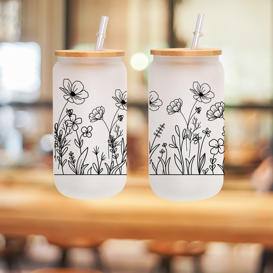 Black Floral Garden Frosted Glass Cup – 16oz / 20oz – With Bamboo Lid & Glass Straw