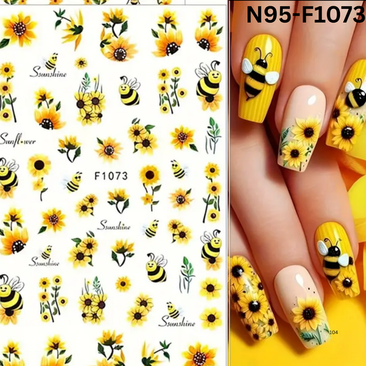 Cute Sunflower and Bee Nail Stickers – 3D Nail Art for Natural or Acrylic Nails