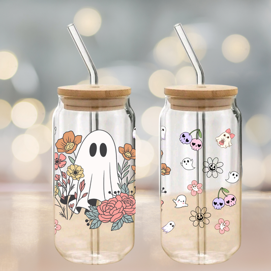 Ghost & Fall Flower Themed Glass Cup – 16oz/20oz – Perfect for Seasonal Drinks