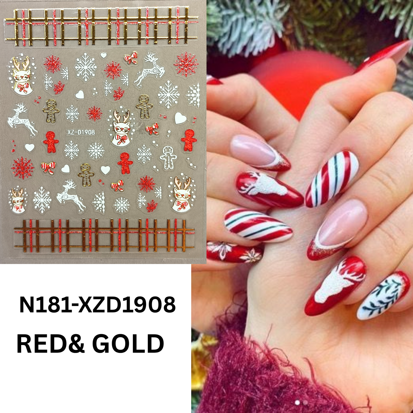 Set of 12 Christmas 3D Nail Decals – Holiday Reindeer, Candy Cane, Santa & Snowflake Designs